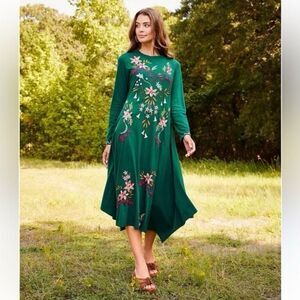 Johnny Was Amarylla Handkerchief Knit Midi Dress in green cotton with floral emb
